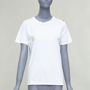 BALMAIN white metallic gold foil logo print button shoulder tshirt FR38 M
